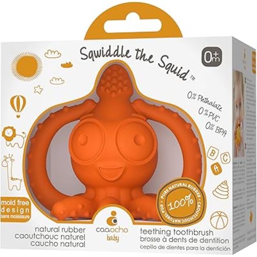 CaaOcho Masajeador de goma natural pura para la dentición y juguete de baño – Mordedor de calamar para bebés, agujero sellado, juguete para bebé sin BPA, juguete de mordedor molar sin agujeros,
