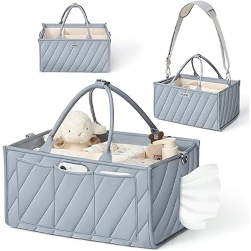 Diaper Caddy for Baby Essentials – Blue Soft Fabric Storage Tote with Compartments, Travel Strap, Wipe Pocket & Stroller Clips – Durable Organizer for Nursery, Car, Changing Table & Bedside