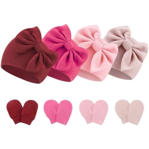 Newborn Baby Hats and Mittens Set Infant Bow Beanie Cap Toddler Gloves Newborn Hospital Hats for Baby Boy Girl 0-6 Months