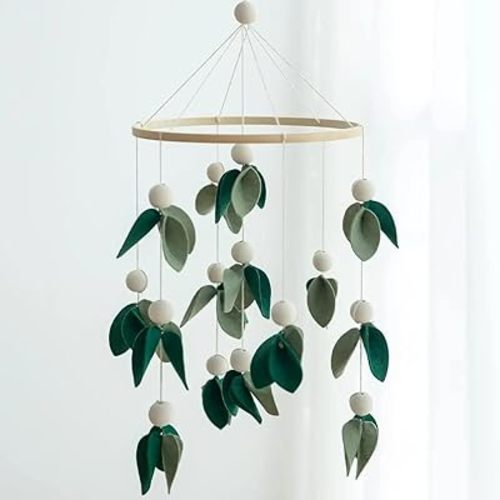 Baby Crib Mobile for Boys Girls, Nursery Decor Mobile for Bassinet, Gender Neutral Mobile Crib Accessories for Infant Bedroom Hanging Newborn Gift - Green Leaves, Beads