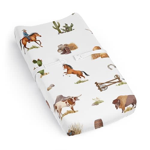 Sweet Jojo Designs Western Cowboy Boy Baby Changing Pad Cover Sheet Infant Newborn Diaper Table Change Mat Cover Wild West Southern Charm Country South Horse Steer Cow Farm Animal Desert Cactus Taupe