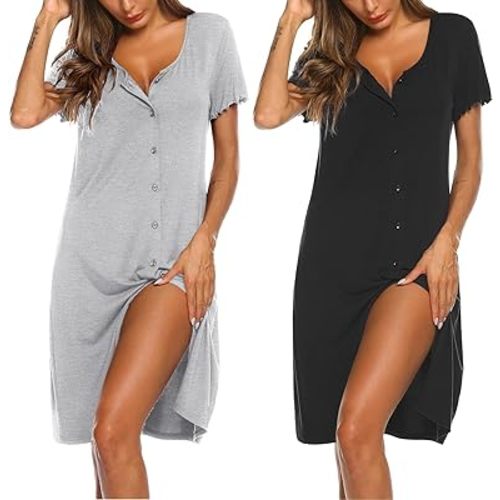 Ekouaer Nightgowns for Women 2 Pack Button Down Night Shirts Short Sleeve Sleep Shirts V Neck Sleepwear Pajama Dress