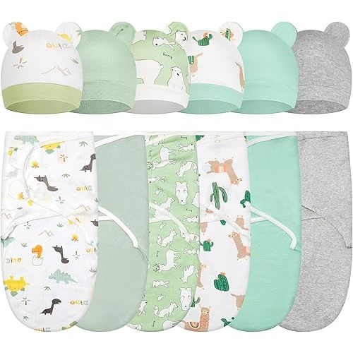 ramede 6 Pack Baby Swaddle Blanket with Hats Set for 0-3 Months Preemie Newborn Sacks Soft Cotton Wearable for Baby Boy and Girl (Green, Alpaca)