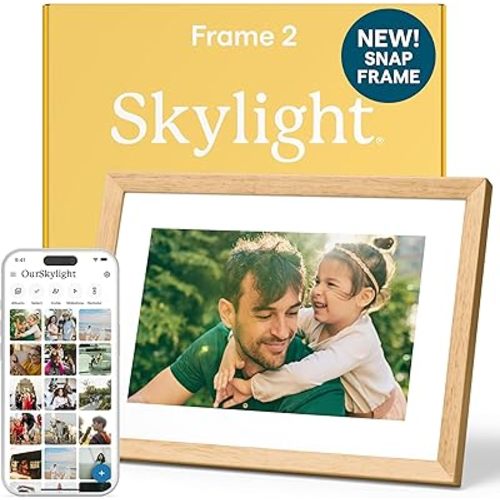 Skylight Digital Picture Frame 2 – 10" Full HD Wi-Fi Touch Screen, 16GB Digital Photo Frame, Load Photos & Videos Directly from Phone, Anti-Glare – Personalized Gifting, Rubber Wood Birch Brown