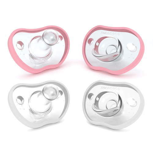 Nanobebe Baby Pacifiers, 0–3 Months, Orthodontic Silicone, Curved Face Contour, for Breastfeeding Babies, 4-Pack, White and Pink