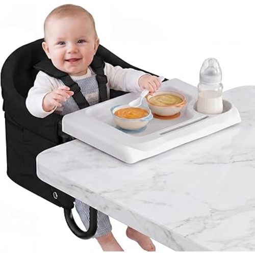 Portable Hook On High Chair with Tray for Baby & Toddler,Space-Saving Clip On Travel High Chair,Detachable Washable Seat Cover,Feeding Seat for Dining Table & Counter,with Carry Bag(Black)