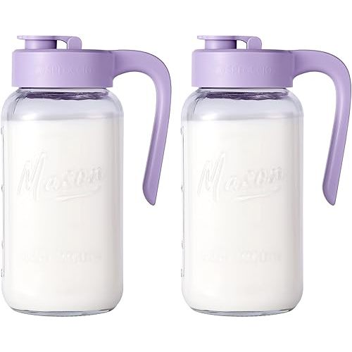 Spreccio Mason Jar Pitcher - Airtight & Leakproof Glass Pitcher with Lid[set of 2], Perfect for Breastmilk, Cold Brew, and Sun Tea, 2 Quart (64 oz) Mason Jar with Pour Spout Lid