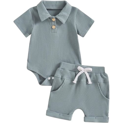 Ledy Champswiin Summer Newborn Baby Boy Girl Clothes Set Ribbed Outfits Unisex Infant Solid Short Sleeve Tops Shorts 2PCS