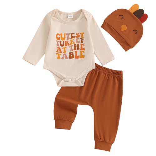 Lamuusaa Newborn Baby Boy Thanksgiving Outfit Long Sleeve My 1st Thanksgiving Romper Long Pants Hat 3Pcs Clothes Set 0-18M