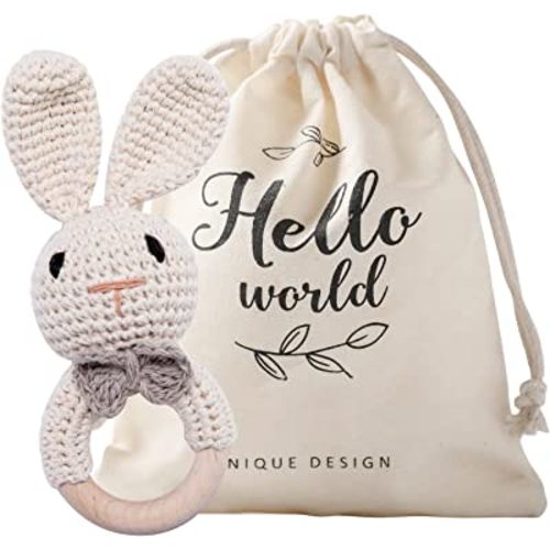 Wooden Baby Rattle Lovely Crochet Bunny Ring Rattle Baby Toys,Beige Bunny