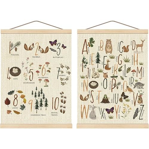 Boat Wades Woodland Numbers Animals Alphabet Poster Hanger Frame Set of 2,Woodland Forest Animal ABC 123 Educational Wall Art Hanging Banner Decor for Nursery Playroom Classroom Homeschool,12x16