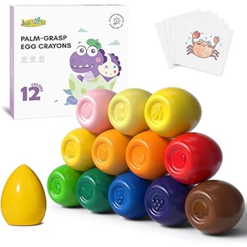 12 Colors Egg Crayons for Toddlers 1-3, Palm-Grasp Non Toxic Jumbo Washable Crayons for Kids, Fat Brain Toys for Preschool Art Supplies and Perfect Easter Gifts for Boys and Girls