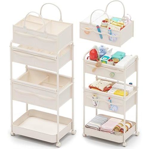 Baby Diaper Caddy, Premium Metal& Felt Movable Cart with Dividers for Newborn Nursery Essentials, Large Capacity Detachable Bedside Cart Organizer for Changing Table &Crib, Easy Assembly- Beige