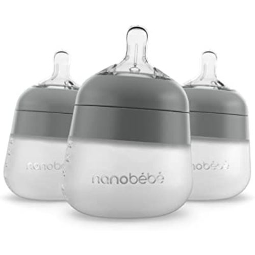 Nanobébé Flexy Silicone Baby Bottle, Anti-Colic, Natural Feel, Non-Collapsing Nipple, Non-Tip Stable Base, Easy to Clean 3-Pack, Gray, 5 oz
