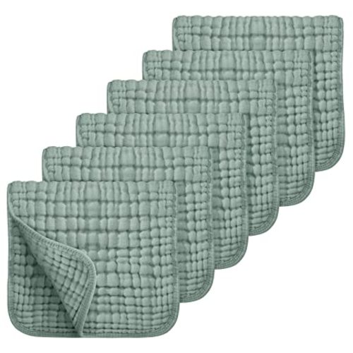 Looxii Muslin Burp Cloths 6 Pack - 20" x 10" - Ultra Soft & Absorbent, 6-Layer 100% Cotton for Spit Up & Drool- Gentle Baby Burping Cloth, Newborn Boys Girls Essentials, Dark Green
