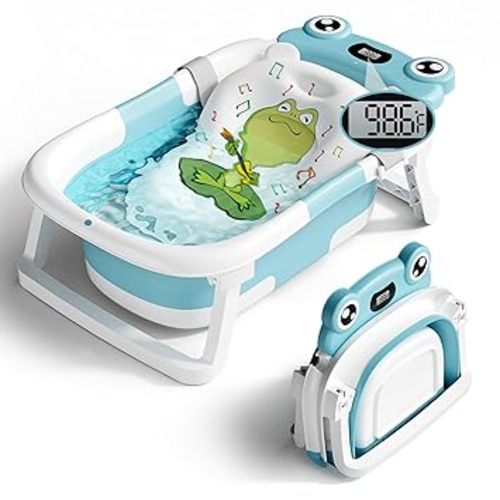 BUNWAG Baby Bathtub, Collapsible Newborn Bathtub for Infant to Toddler with Soft Cushion and Thermometer,Portable Travel Newborn Tub with No-Slip Feet, Baby Shower Gifts, 0-12 Months Baby Bath, Grey