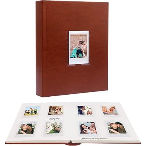 128 Pocket Photo Album with Writing Space and Front Window, 3 Inch Picture Book for Polaroid Compatible with Fujifilm Instax Mini 12 11 9 8 7+ 99 40 Instant Camera,K-pop Photocards(Brown)