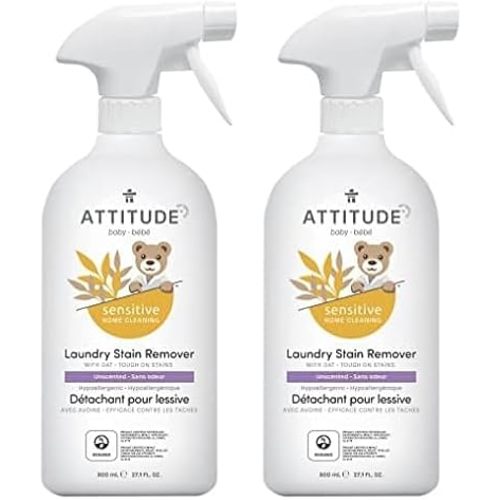 ATTITUDE Fabric Stain Remover for Baby Clothes, Plant- and Mineral-Based Ingredients, Vegan and Cruelty-free Laundry Products for Sensitive Skin, Unscented, 27 Fl Oz (Pack of 2)