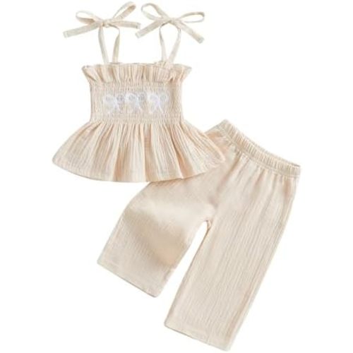 Toddler Baby Girl Clothes Tie-Up Strap Ruffle Camisole Tops Linen Pants Set Little Girls Summer Outfits