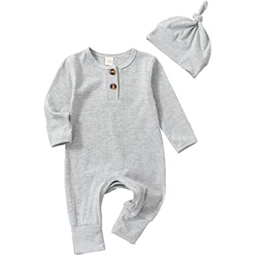 Infant Boys Girls Clothes Set Newborn Baby Romper Hat Ribbed Knit Long Sleeve Button Solid Bodysuit Jumpsuit