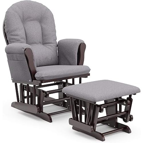 Storkcraft Premium Hoop Glider and Ottoman (Espresso Base, Gray Swirl Cushion) – Padded Cushions with Storage Pocket, Smooth Rocking Motion, Easy to Assemble, Solid Hardwood Base