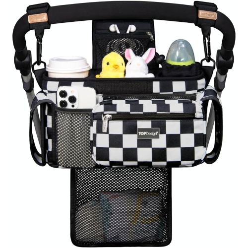 TOPDesign Universal Baby Stroller Organizer, Stroller Caddy with Detachable Mesh Bag & Heightened Insulated Cup Holders & Non-Slip Secure Hooks Accessories, Fits Most Strollers (Checkerboard)