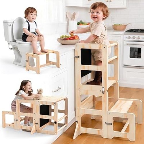 Toddler Kitchen Step Stool, 4-in-1 Foldable Standing Tower with Blackboard, Toddler Step Stool for Bathroom Sink, Kitchen Counter, Ages 18 Months+, 1-3 Year Old Boy Girl Gifts