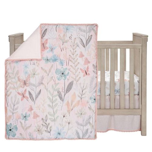 Lambs & Ivy Baby Blooms 3-Piece Pink Floral/Butterfly Baby Crib Bedding Set