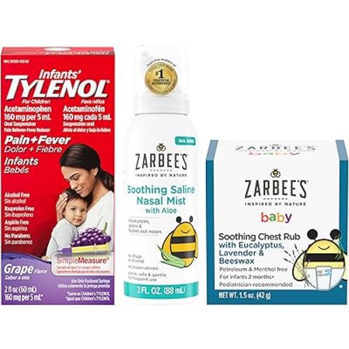 Tylenol and Zarbee’s Baby Essentials Bundle for Infants: Infants Acetaminophen Liquid Medicine, Zarbee's Baby Soothing Nasal Spray, and Zarbee's Baby Soothing Eucalyptus & Lavendar Chest Rub