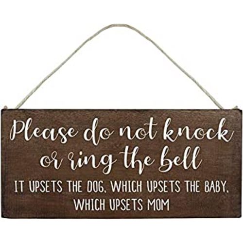 Baby Sleeping Sign for Front Door - Funny No Soliciting 10x5inch Hanging Wood Plaque - Please Do Not Knock or Don't Ring Doorbell Dogs Will Bark(BW670)