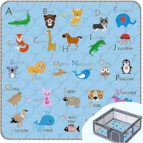 Baby Play Mats for Floor,Thick Soft 50" X 50" Playpen mat, Foldable and Machine Washable Baby Crawling Mat,Baby Play Mat for Babies to Play and Learn (Blue Animal, 50" X 50")