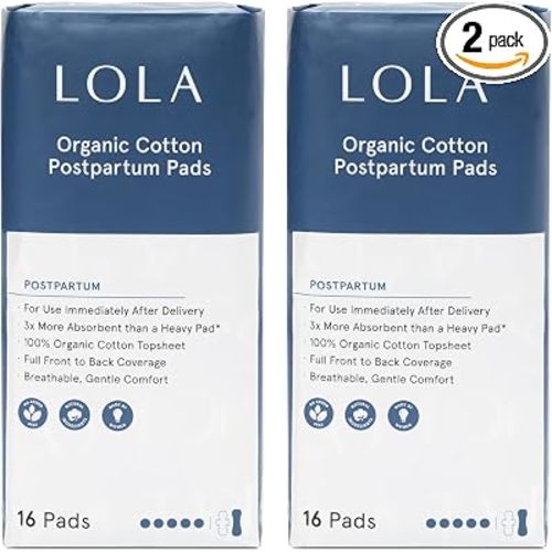 LOLA Organic Cotton Postpartum Pads, 32 Count, Unscented | Max Absorbency, Extra-Long Overnight Liners, For Women, Hospital Bag Essentials