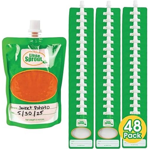 Disposable 6oz Baby Food Storage Pouch Containers, 48 Pack- Write What You Want Squeezable Pouches- Make Homemade Organic Food for Babies/Toddlers- Works with Most Filling Stations Including Infantino