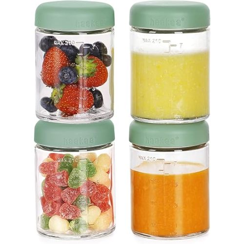 haakaa Baby Food Storage Containers Set,100% Leak-Proof Glass Baby Food Jars with Silicone Lids, Fridge –Freezer & Microwave Safe,4 PCS 7 oz,Pea Green