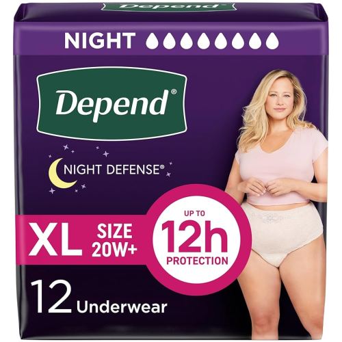 Depend Night Defense Adult Incontinence & Postpartum Bladder Leak Underwear for Women, Disposable, Overnight, Extra-Large, Blush, 12 Count, Packaging May Vary
