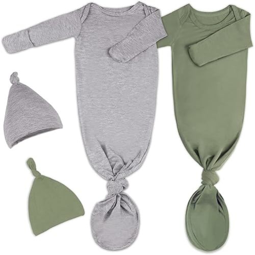 2Pk Newborn Baby Knotted Gown, Super Soft Silky Infant Long Sleeve Sleeper for Baby Sleeping with Hat or Headband (2 Packs)