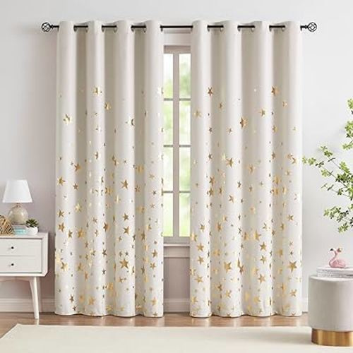 Treatmentex Ivory Blackout Curtains for Bedroom, Sparkling Gold Star Blackout Window Panel Drapes for Kids Girls Baby Nursery Room 50x84, Gold Ivory, 2panels
