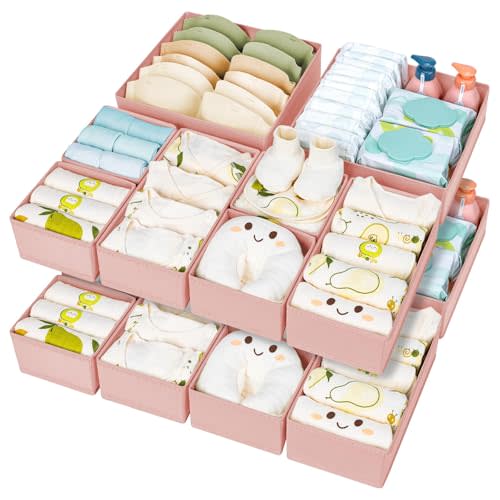 DIMJ Drawer Organizer Clothes 15 Pack - Foldable Dresser Organizer for Nursery, Bedroom, Closet - Pink Dividers for Baby Clothes, Underwear, Clothing, Sock, Belt, Tie