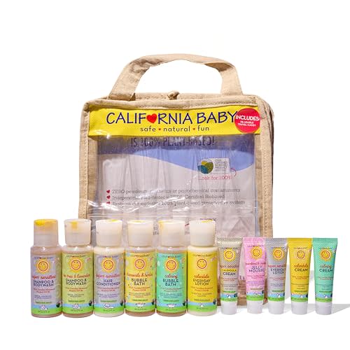 California Baby Travel Essential Kit | Travel Shampoo and Conditioner, Cream, Bubble Bath and More | 100% Plant-Based Baby Bath Set | Hypoallergenic |