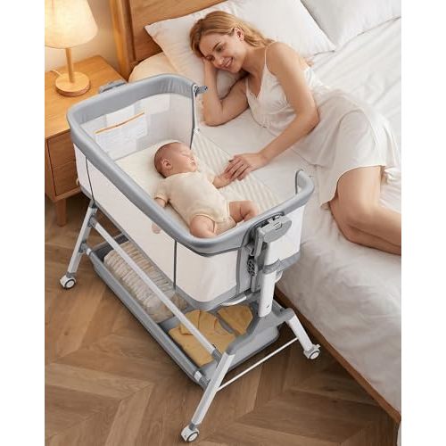 3 in 1 Baby Bassinet Bedside Sleeper, Adjustable Bedside Bassinet for Baby, Womb-Like Rocking Bassinet with Wheels, Breathable Full-Mesh Crib with Comfy Mattress, Bedside Crib w/ Large Storage Basket