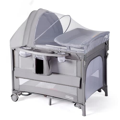 JOYMOR 9 in 1 Bedside Bassinet with Changing Table, Pack and Play with Bassinet, Convert to Rocking Bassinet with Electric Music Center, Mosquito Net, Toy, Storage (Gray)