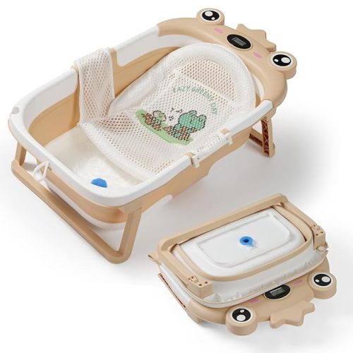 Baby Bathtub,Collapsible Baby Bath Tub with Soft Cushion & Thermometer, Space Saving Foldable & Travel Newborn Bathtub for Infant to Toddler 0-36 Months, Frog Beige