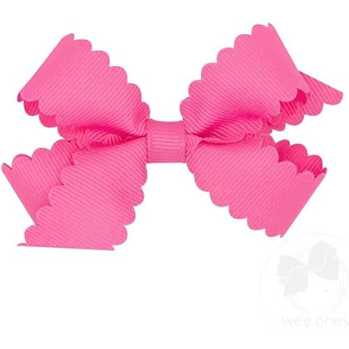 Wee Ones Girls' Classic Grosgrain Hair Bow with Scalloped Edges and Plain Wrap Center on a WeeStay Hair Clip, Mini, Hot Pink