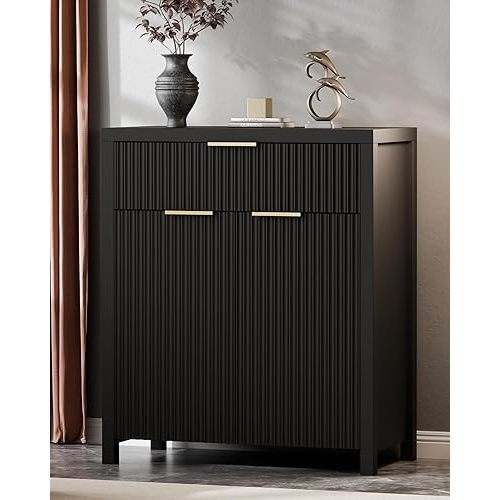 Lulive Black Fluted Storage Cabinet with Drawers Buffet Sideboard Cabinet with Adjustable Shelves for Kitchen Living Room, Kitchen, Entryway