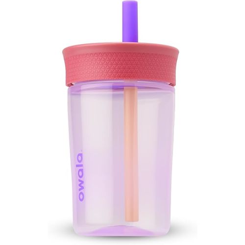Owala Kids BPA-Free Plastic Tumbler with Spill Resistant Flexible Straw, Easy to Clean, Kids Water Bottle, Great for Travel, Dishwasher Safe, 15 Oz, Pink and Purple (Lilac Rocket)