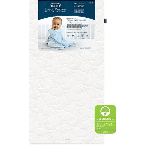 HALO DreamWeave Baby Crib Mattress and Toddler Bed, Breathable, Dual Sided 2-Stage Design, 100% Breathable Mattress, Machine Washable Cover, Hypoallergenic, Non-Toxic Materials, Greenguard Cert.