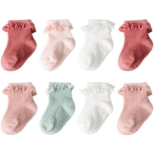 Baby Girl Toddlers Socks with Non-slip Grip Cute Frilly Ruffle Ankle Soft Cotton Newborn Baby Socks for Infant Kids
