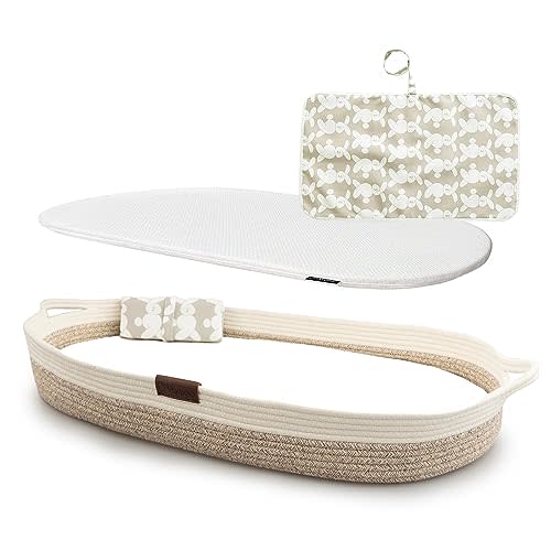 Yunioo XL Reinforced Baby Changing Basket with Extra Travel Diaper pad, Foldable Baby Changing Pad with Water Repellent Cover, Cotton Rope Baby Basket, Changing Table Topper for Dresser (White Beige)