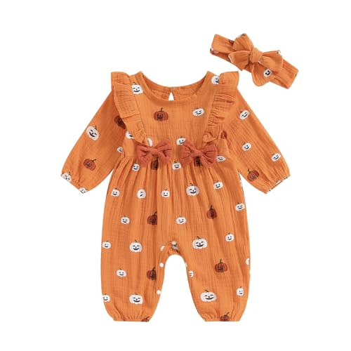 Lenjindjer Newborn Baby Girl Halloween Clothes Puff Sleeve Cotton Linen Ruffle Pumpkin Print Jumpsuit Fall One Piece Outfits