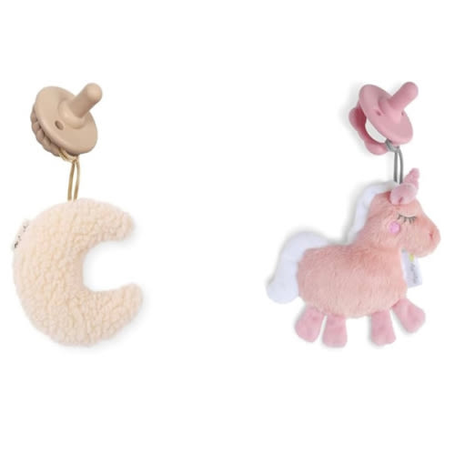 Itzy Ritzy Pacifier & Lovey Set with Detachable Plush Moon & Unicorn and Coordinating Toast & Pink Silicone Pacifiers, 0 Months & Up